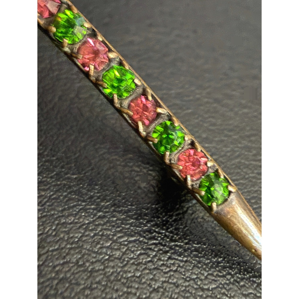 Vintage Rhinestone Bar Brooch Gold Tone Pink Green C Clasp Signed
